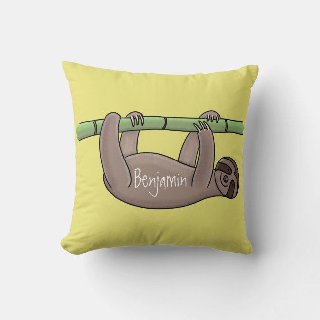 Cute smiling sloth on bamboo cartoon illustration throw pillow (Front)