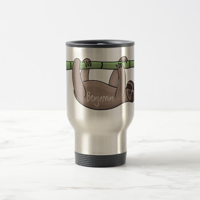 Cute smiling sloth on bamboo cartoon illustration travel mug (Center)