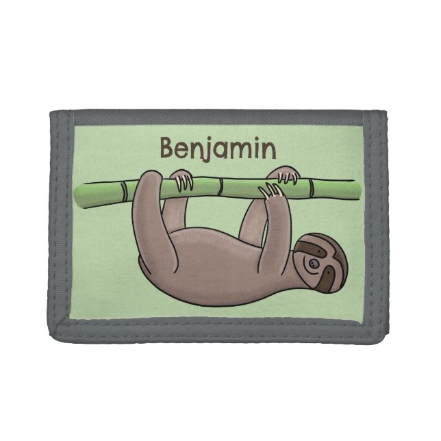 Cute smiling sloth on bamboo cartoon illustration trifold wallet (Front)