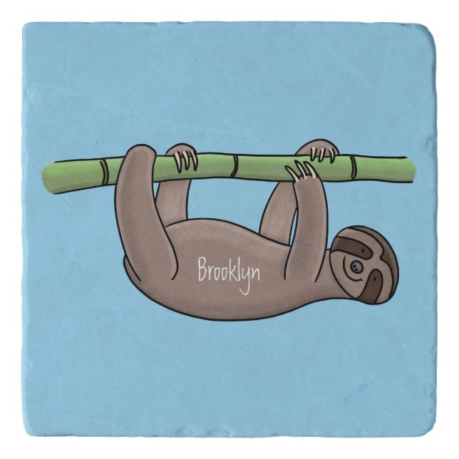 Cute smiling sloth on bamboo cartoon illustration trivet (Front)