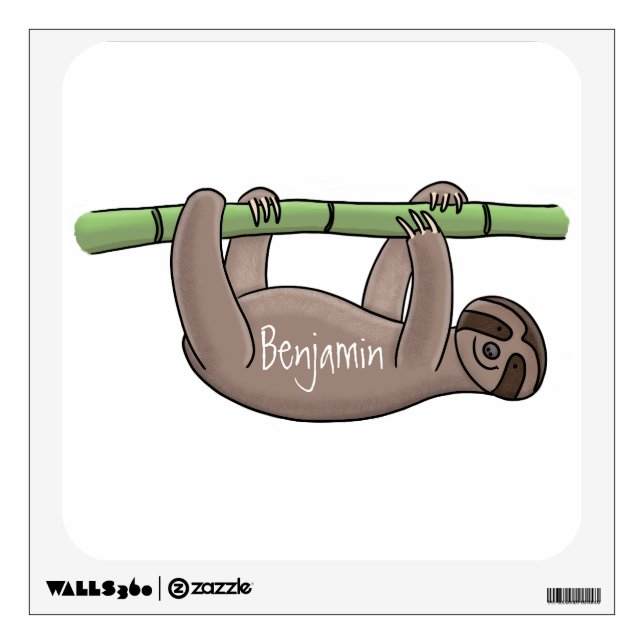 Cute smiling sloth on bamboo cartoon illustration wall decal (Front)