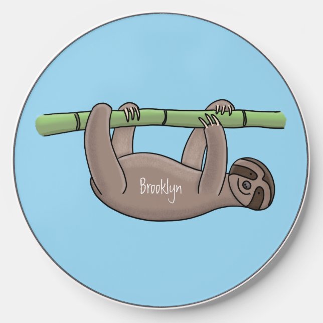 Cute smiling sloth on bamboo cartoon illustration wireless charger  (Front)