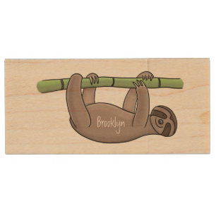 Cute smiling sloth on bamboo cartoon illustration wood flash drive
