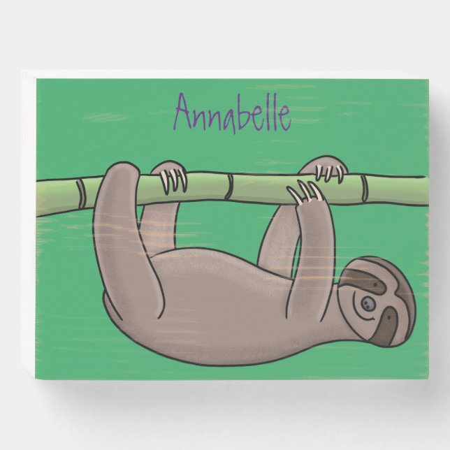 Cute smiling sloth on bamboo cartoon illustration wooden box sign (Front Horizontal)
