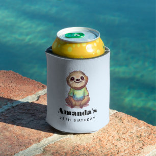 Cute Smiling Sloth Wearing a Shirt Birthday Can Cooler