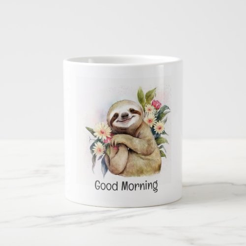 Cute Smiling Sloth with Flowers_ Good Morning Giant Coffee Mug