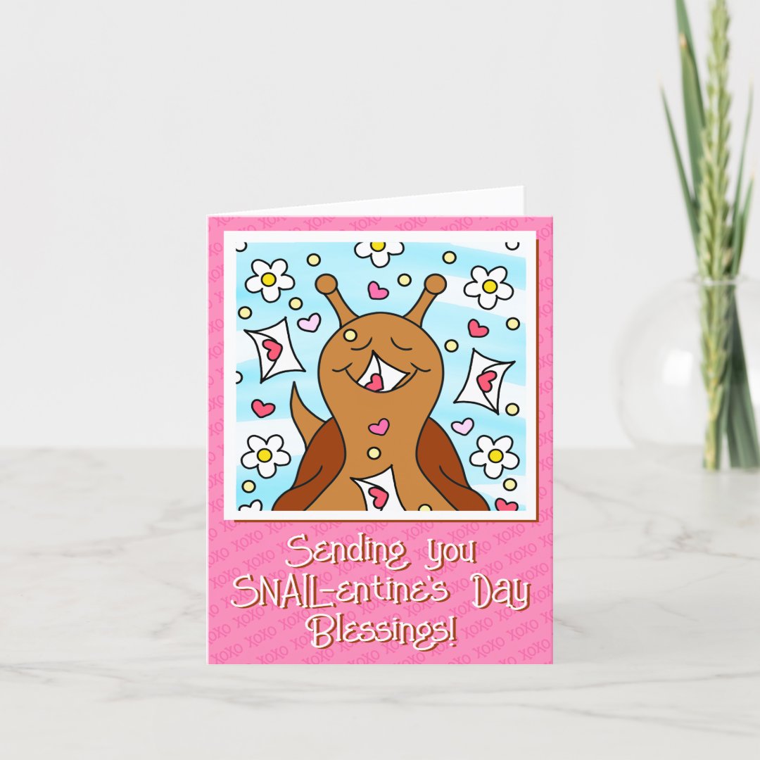 Cute Smiling Snail Pink Valentines Day Blessings Holiday Card