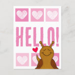 Cute Smiling Snail With Hearts Pink Hello Postcard