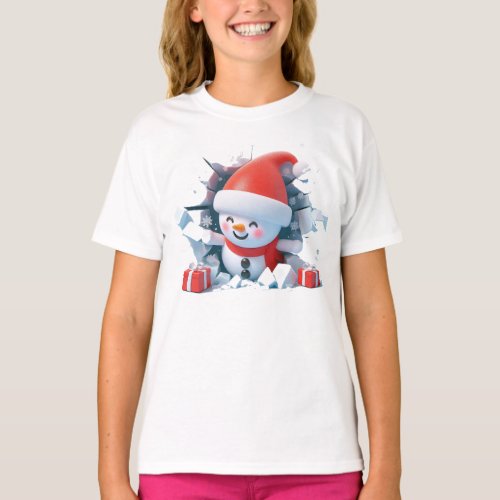 cute smiling Snowman face break through ice T_Shirt