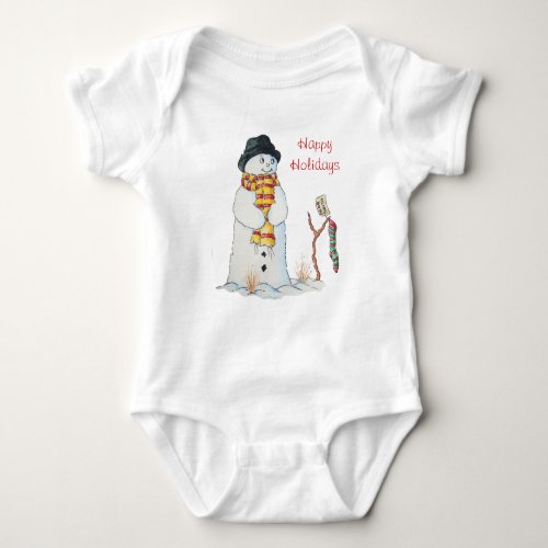Cute smiling snowman in the snow at christmas baby bodysuit