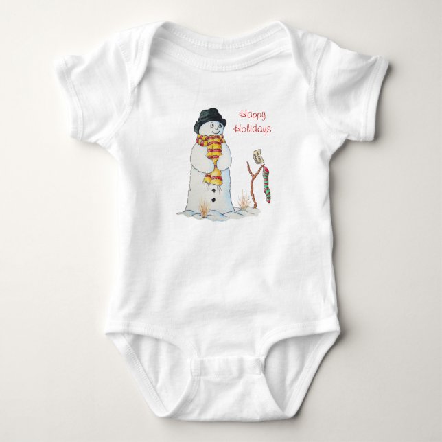 Cute smiling snowman in the snow at christmas baby bodysuit (Front)