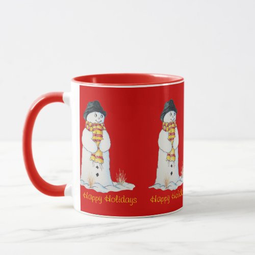 Cute smiling snowman in the snow at christmas mug