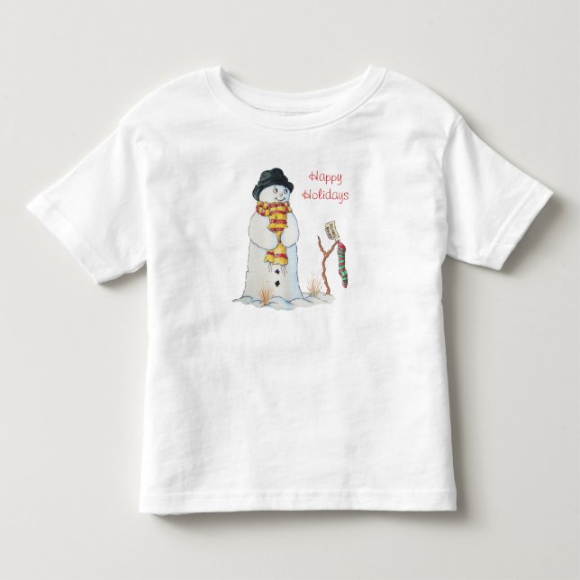 Cute smiling snowman in the snow at christmas toddler t-shirt (Front)