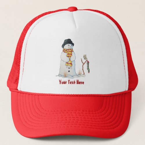 Cute smiling snowman in the snow at christmas trucker hat