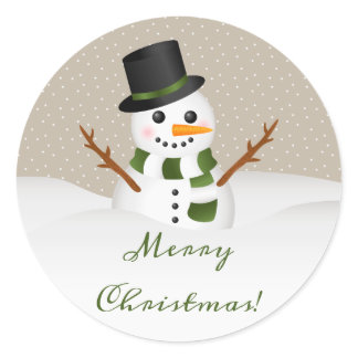 Cute Smiling Snowman With Merry Christmas Text Classic Round Sticker