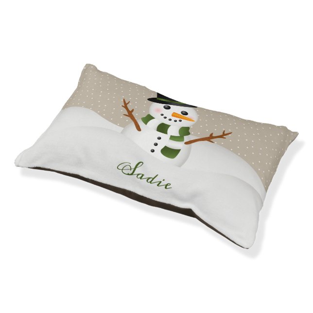 Cute Smiling Snowman With Pet's Name Christmas Pet Bed (Angled)