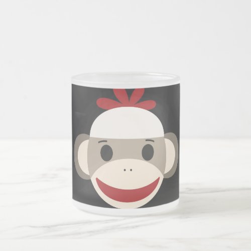 Cute Smiling Sock Monkey Face on Red Black Frosted Glass Coffee Mug