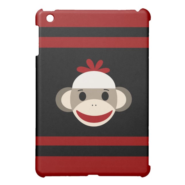 Cute Smiling Sock Monkey Face on Red Black iPad Mini Case (Back)
