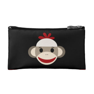 Cute Smiling Sock Monkey Face on Red Black Makeup Bag
