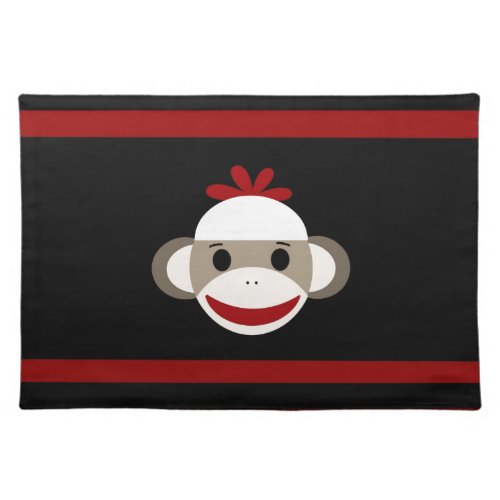 Cute Smiling Sock Monkey Face on Red Black Placemat