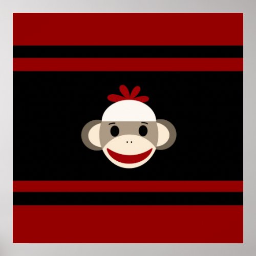 Cute Smiling Sock Monkey Face on Red Black Poster