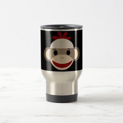 Cute Smiling Sock Monkey Face on Red Black Travel Mug