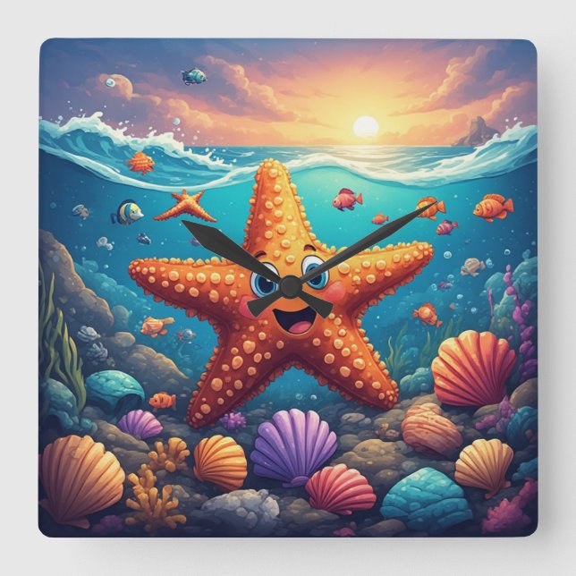 Cute Smiling Starfish Cartoon On Beach Square Wall Clock (Front)