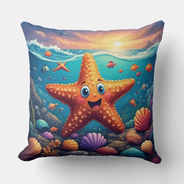 Cute Smiling Starfish Cartoon On Beach Throw Pillow (Front)