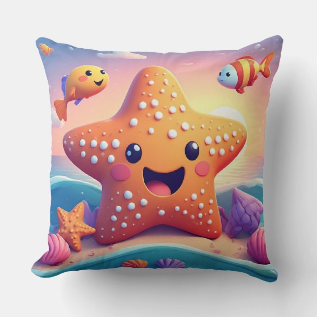 Cute Smiling Starfish Cartoon On Beach Throw Pillow (Front)