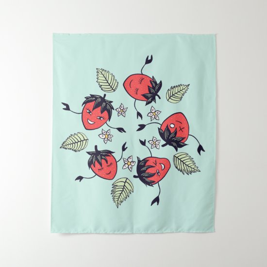 Cute Smiling Strawberry Characters Fun Cartoon Tapestry