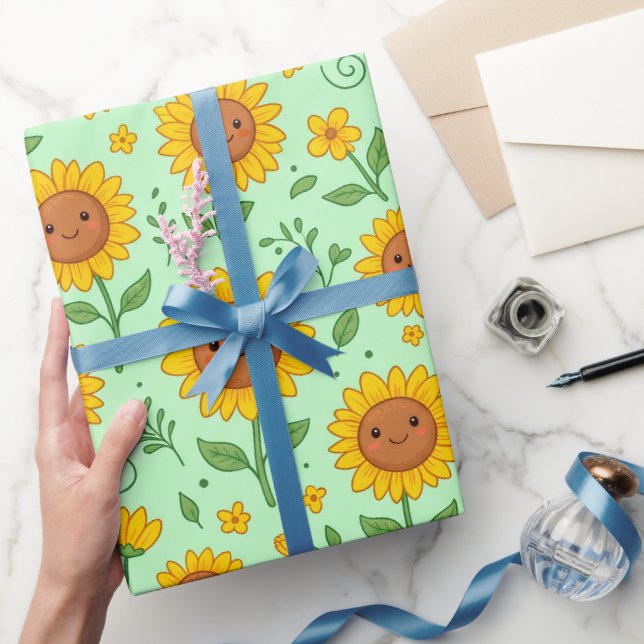 Cute Smiling Sunflower Seamless Pattern Wrapping Paper (Gifting)