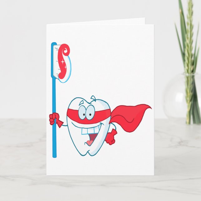 Cute Smiling Superhero Tooth With Toothbrush Card (Front)