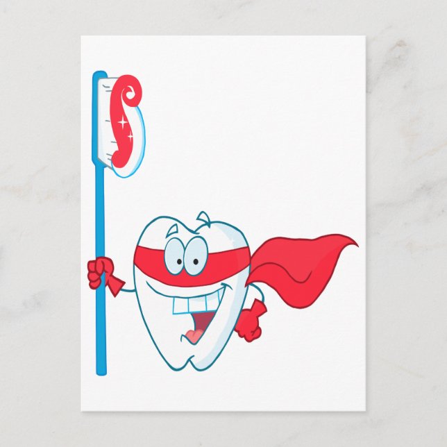Cute Smiling Superhero Tooth With Toothbrush Postcard (Front)