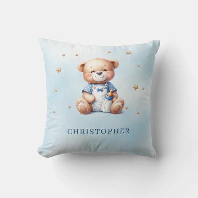 Cute smiling teddy bear with baby bottle throw pillow (Front)