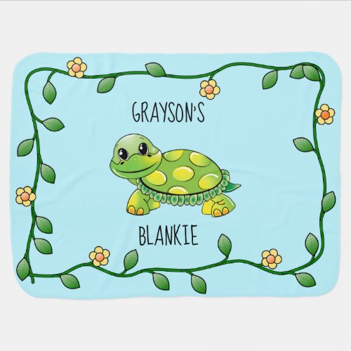 Cute Smiling Turtle with Flower Frame Personalized Swaddle Blanket