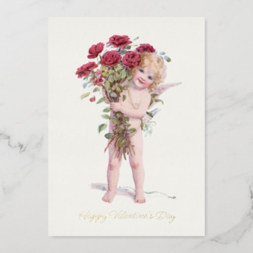Cute Smiling Vintage Valentine Cupid with Roses Foil Holiday Card