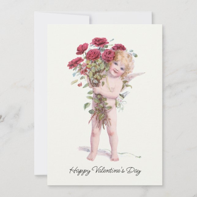 Cute Smiling Vintage Valentine Cupid with Roses Holiday Card (Front)