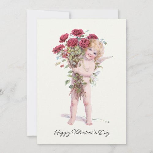 Cute Smiling Vintage Valentine Cupid with Roses Holiday Card