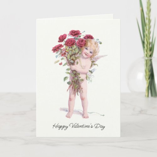Cute Smiling Vintage Valentine Cupid with Roses Holiday Card