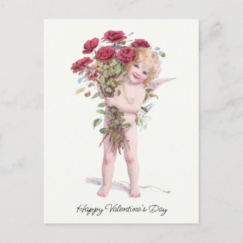 Cute Smiling Vintage Valentine Cupid with Roses Holiday Postcard