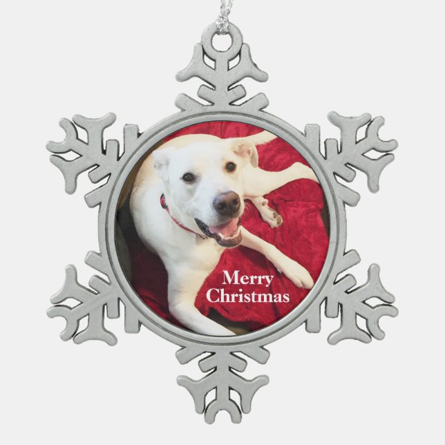 Cute Smiling White Lab Mix Dog Snowflake Pewter Christmas Ornament (Front)