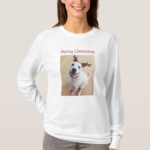 Cute Smiling White Reindeer Dog Christmas T_Shirt