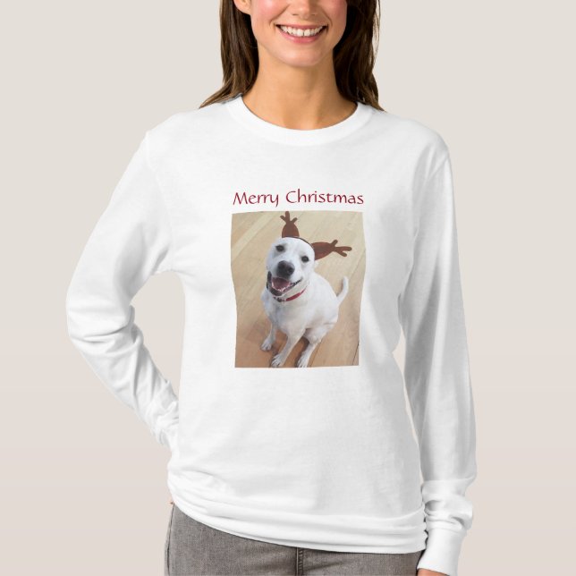 Cute Smiling White Reindeer Dog Christmas T-Shirt (Front)