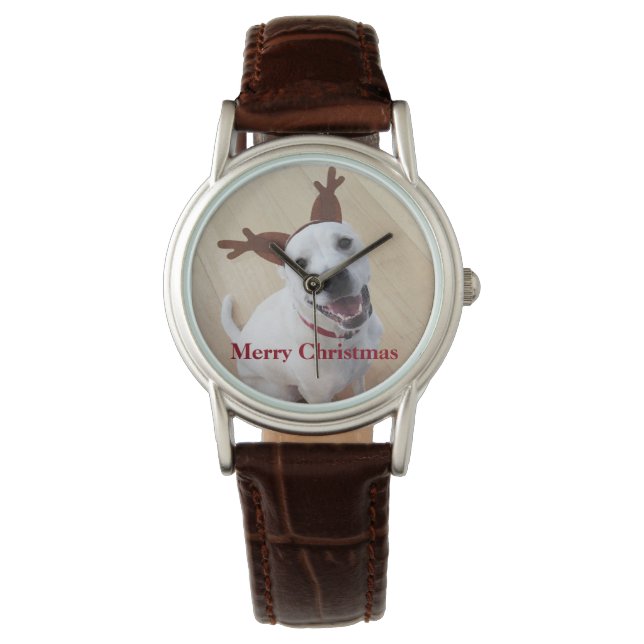 Cute Smiling White Reindeer Puppy Dog Christmas Watch (Front)