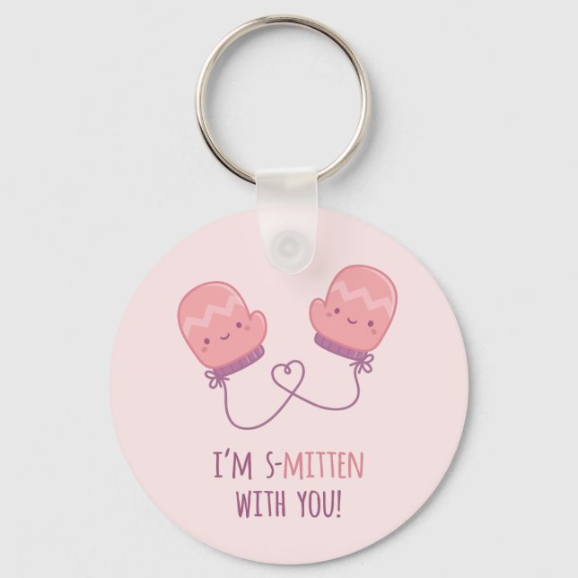 Cute Smitten With You Mitten Pair In Love Pun Keychain (Front)