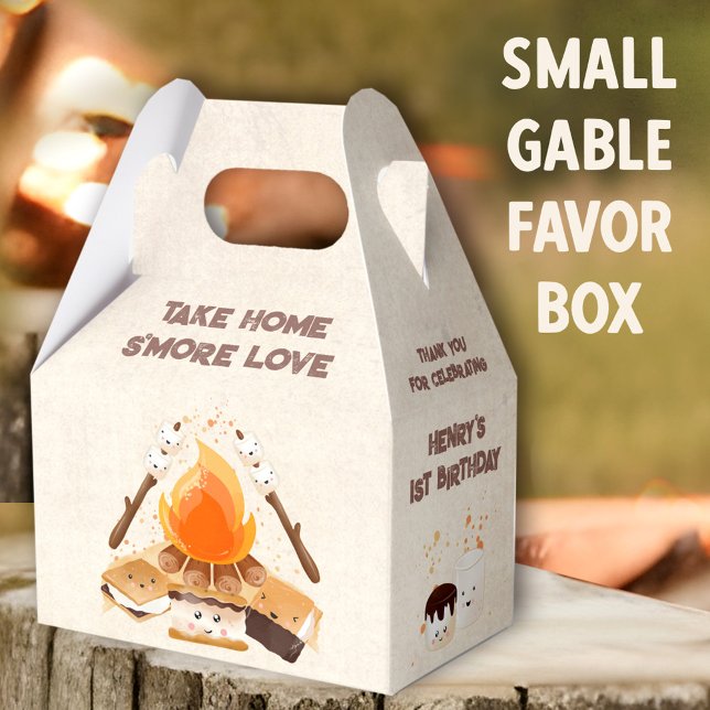 Cute S'more Campfire 1st Birthday Camping Favor Boxes (Cute S'mores Small Gable Favor Boxes - You can choose from 3 sizes of these gable favor boxes)