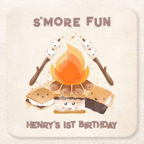 Cute Smore Campfire 1st Birthday Paper Coaster