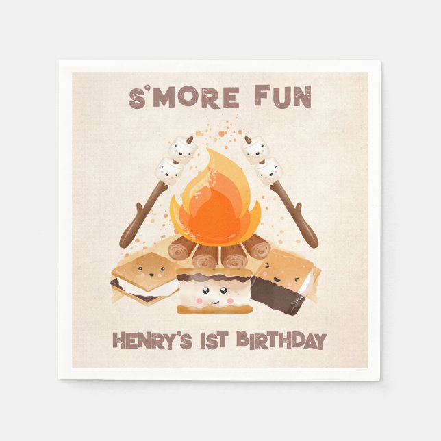 Cute S'more Campfire 1st Birthday Paper Napkins (Front)