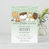 Cute S'more Smores Camping Bonfire Birthday Green Invitation (Standing Front)