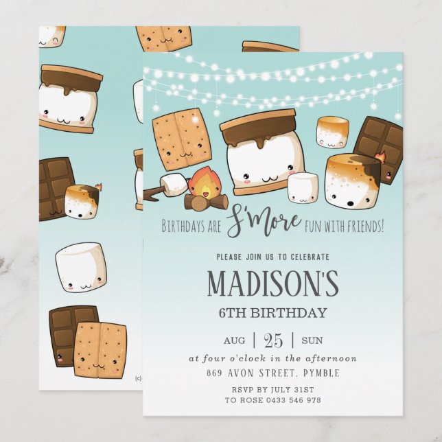 Cute S'more Smores Camping Bonfire Birthday Party Invitation (Front/Back)